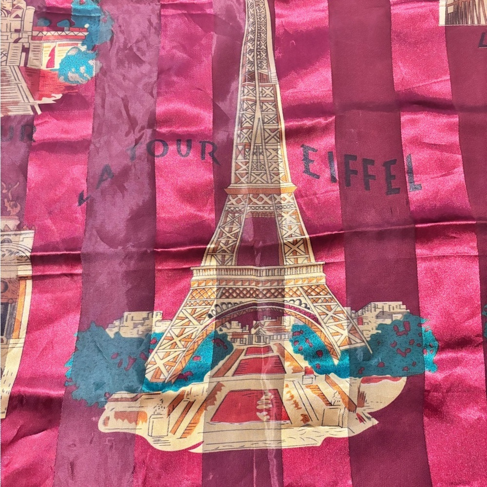 Vintage Paris Scarf Eiffel Tower Notre Dame Red 37” Square France Landmarks - Picture 2 of 9
